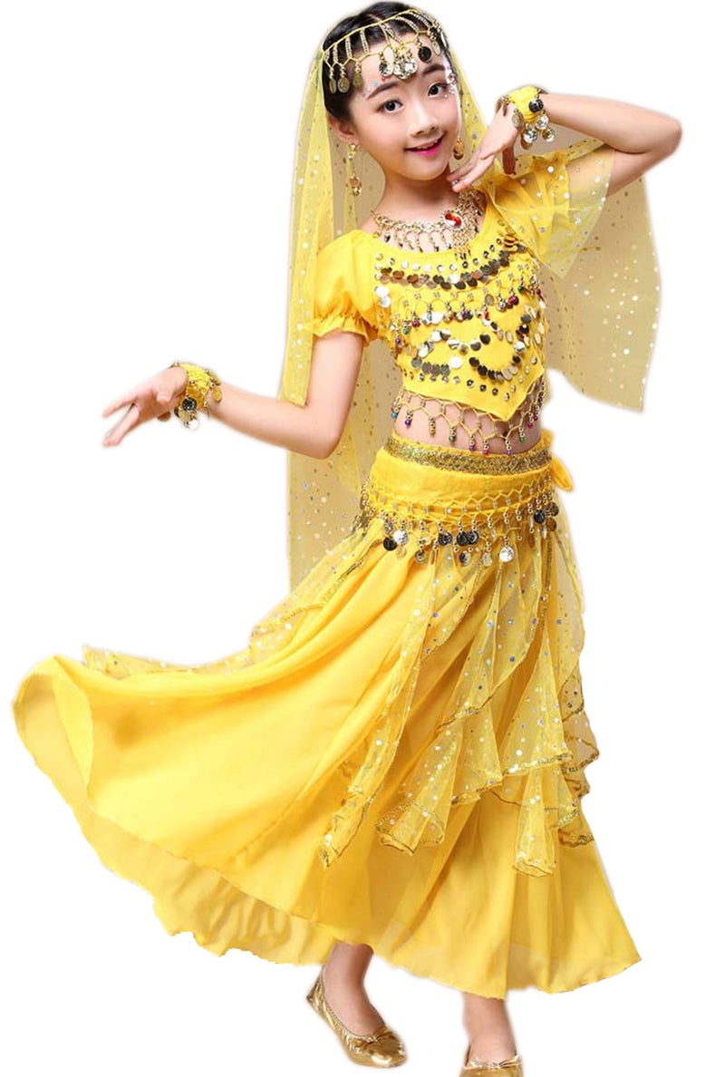 Astage Girl Belly Dance Sequin Indian Dance Costume Halloween Wear Yellow S(6Y-8Y) - Image 2